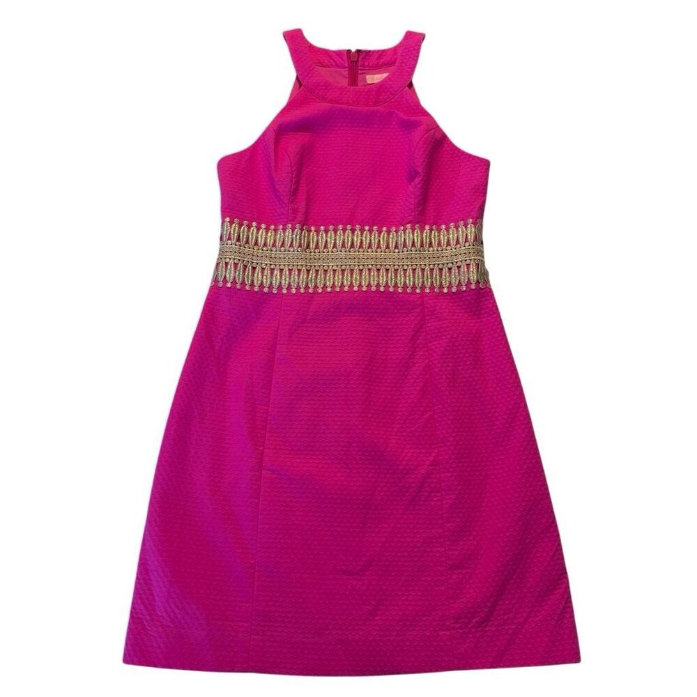 Lilly Pulitzer | Pink Cotton Pique Gold Lace Trim Halter Dress | Women’s 4